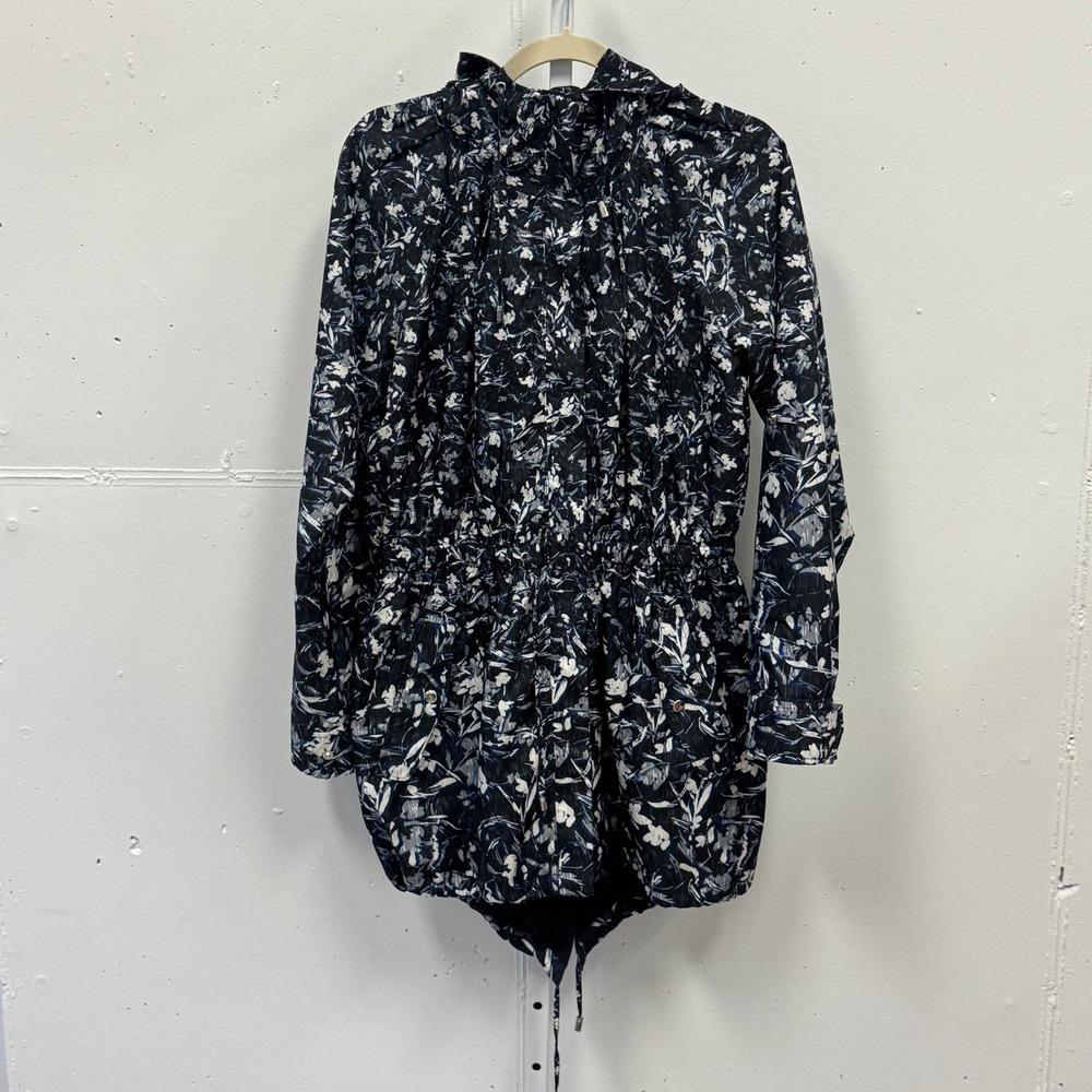 White House Black Market Floral Anorak Rain Jacket Parka Navy White Hooded Med